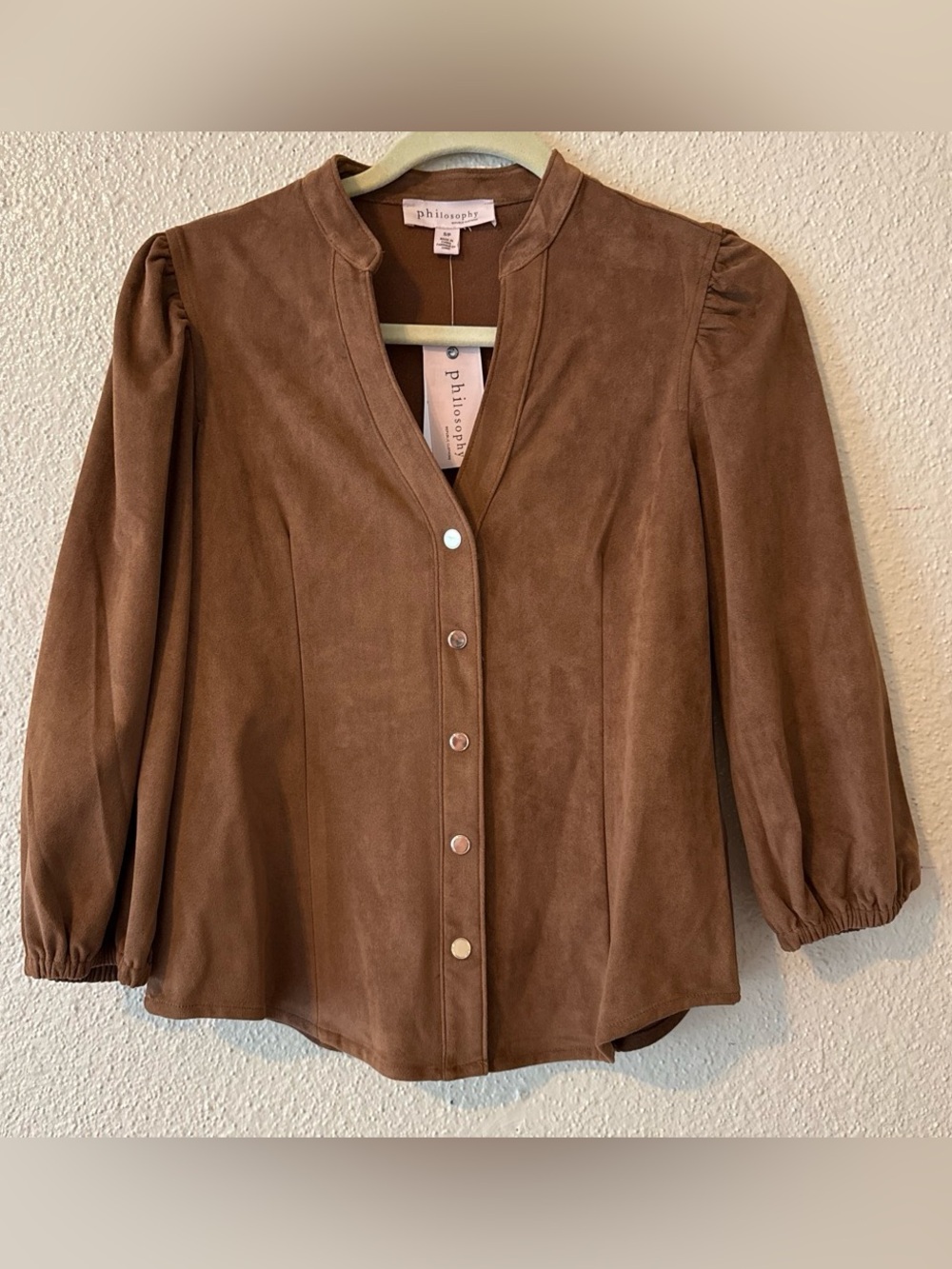 Philosophy Republic Clothing Faux Suede Snap Front Blouse Brown Size S/P